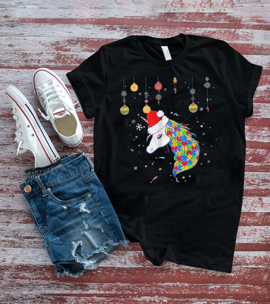 Christmas Unicorn Santa Hat Autism Puzzle T-Shirt