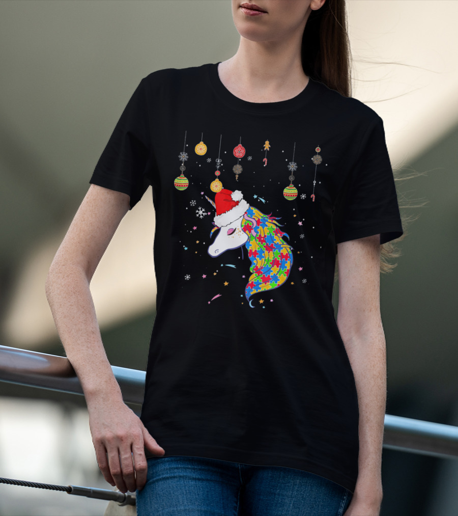 Christmas Unicorn Santa Hat Autism Puzzle T-Shirt