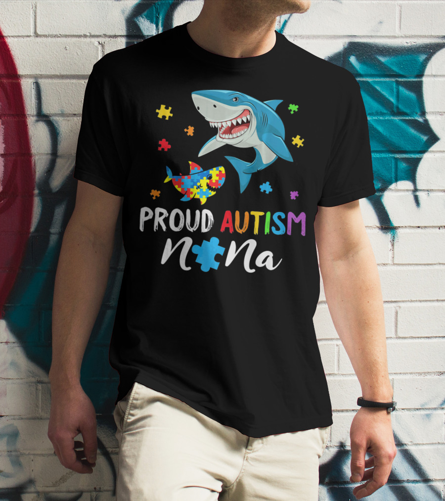 Proud Autism Nana Shark With Colorful Puzzle Pieces T-Shirt
