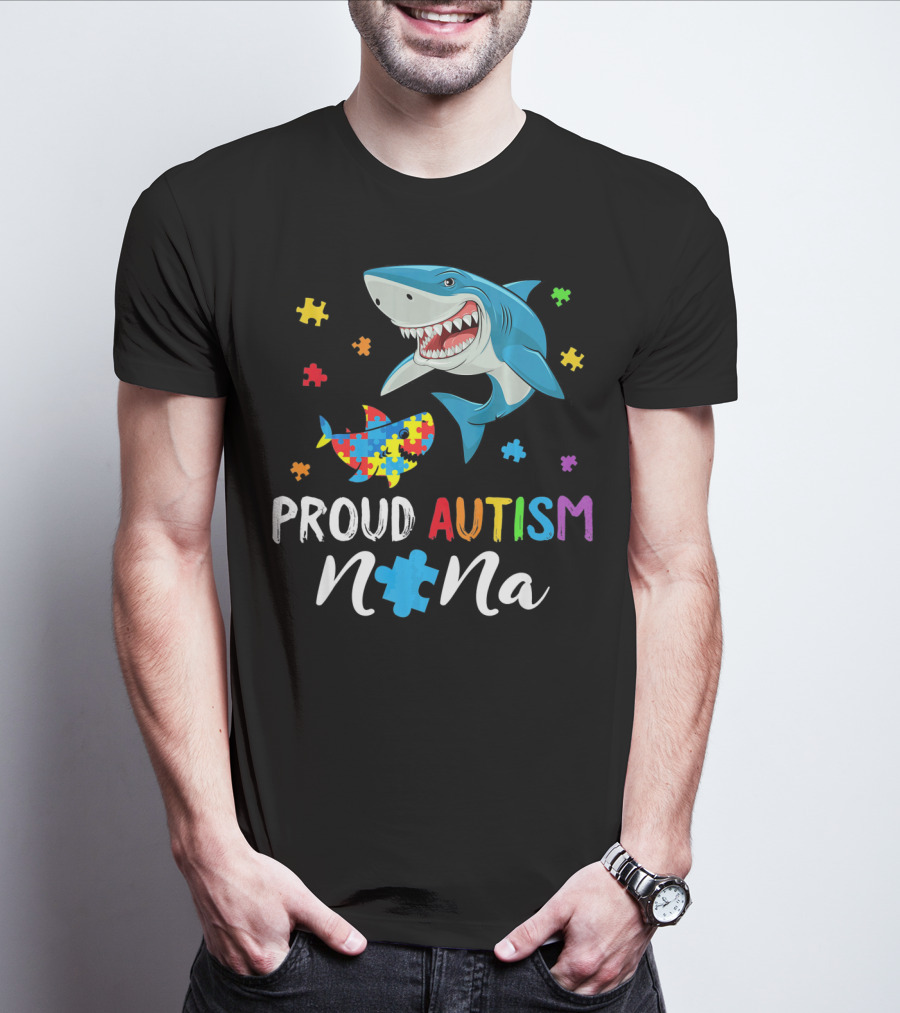 Proud Autism Nana Shark With Colorful Puzzle Pieces T-Shirt