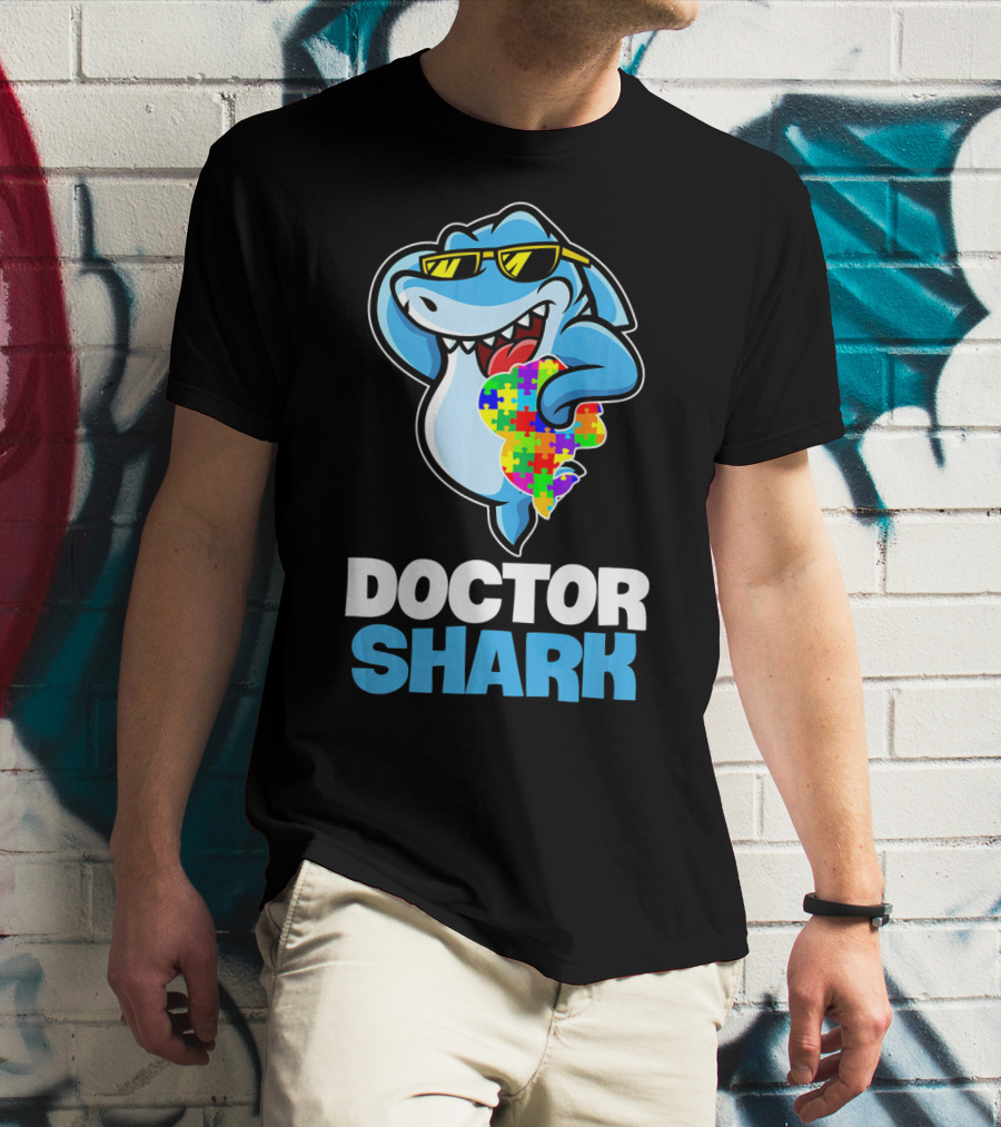 Doctor Shark Sunglasses Holding Autism Puzzle Heart T-Shirt