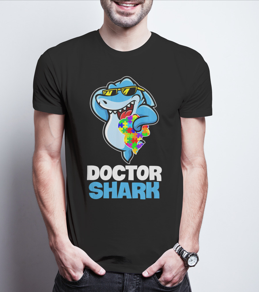 Doctor Shark Sunglasses Holding Autism Puzzle Heart T-Shirt