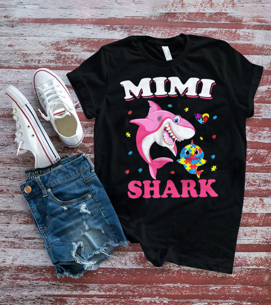 Mimi Shark Autism Awareness Puzzle Heart Colorful Sharks T-Shirt