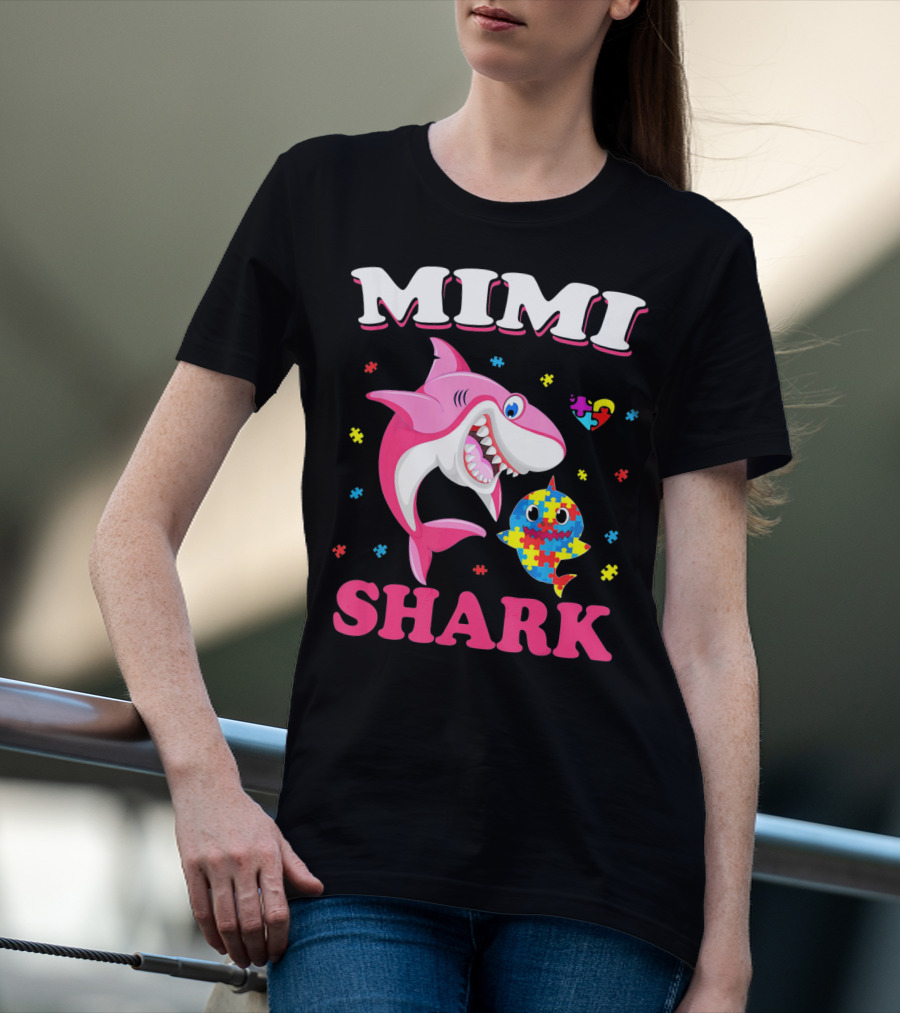 Mimi Shark Autism Awareness Puzzle Heart Colorful Sharks T-Shirt