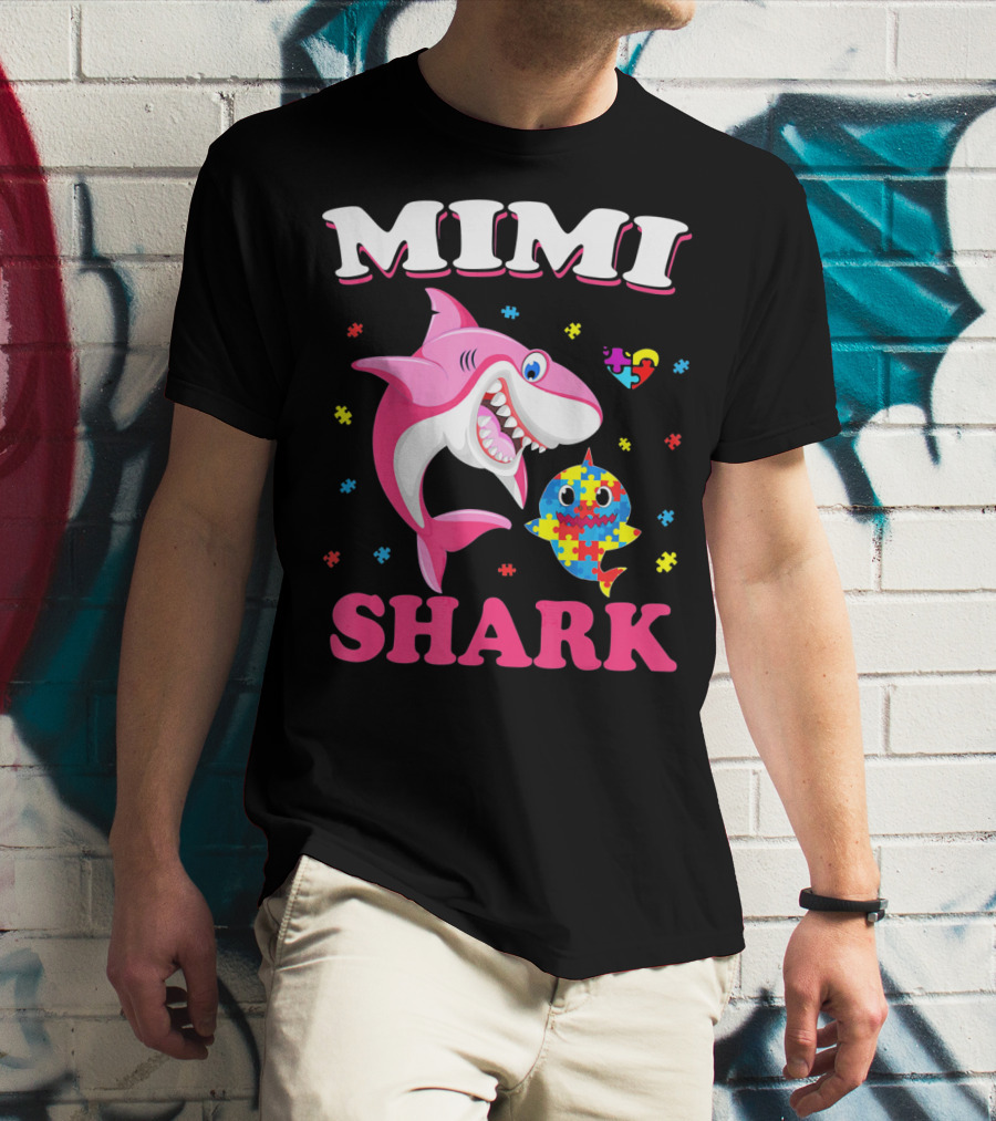 Mimi Shark Autism Awareness Puzzle Heart Colorful Sharks T-Shirt