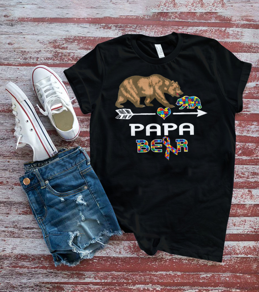 Papa Bear Puzzle Heart Arrow Autism Awareness T-Shirt