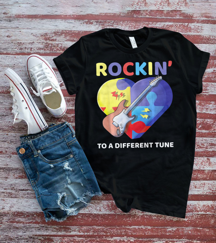 Rockin' To A Different Tune Autism Awareness Guitar Heart Puzzle T-Shirt