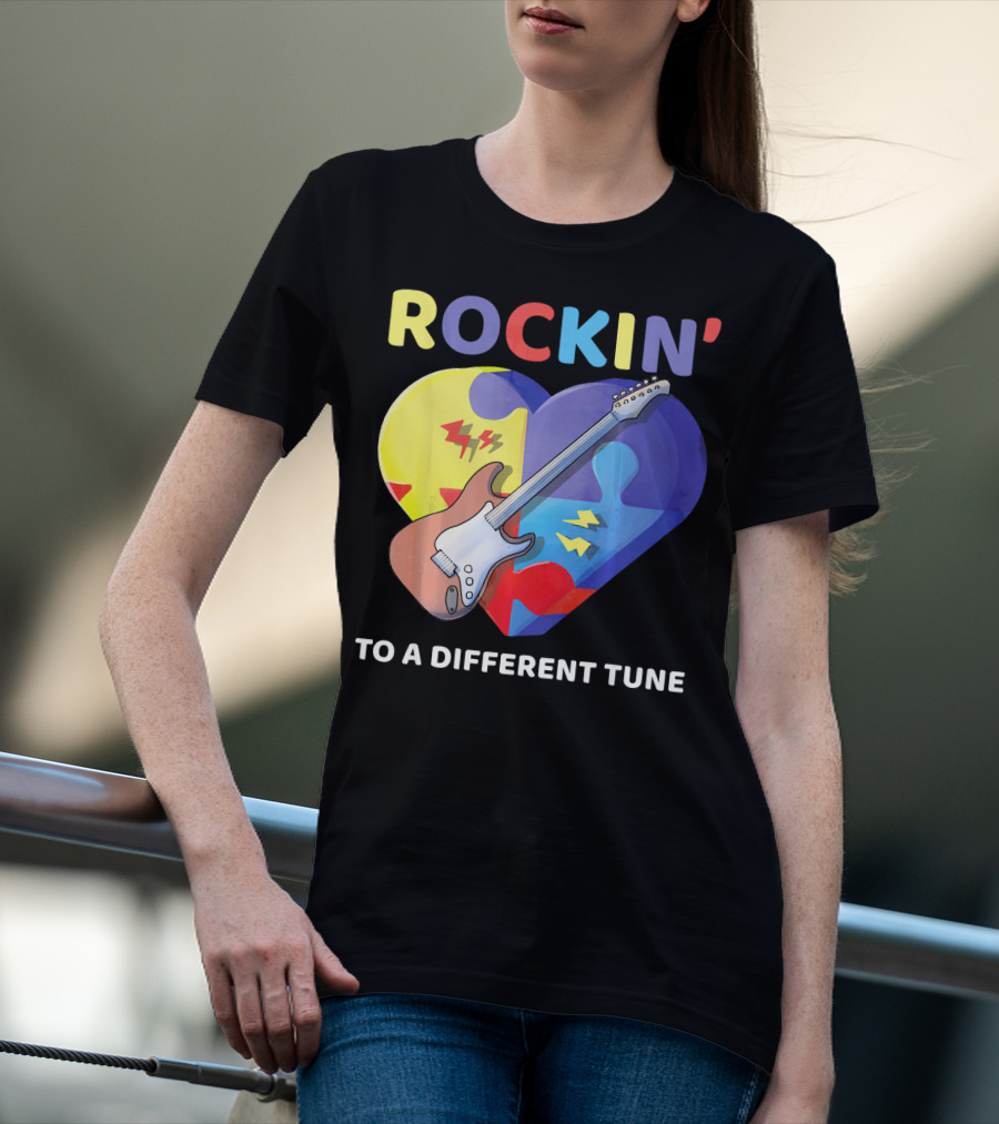 Rockin' To A Different Tune Autism Awareness Guitar Heart Puzzle T-Shirt