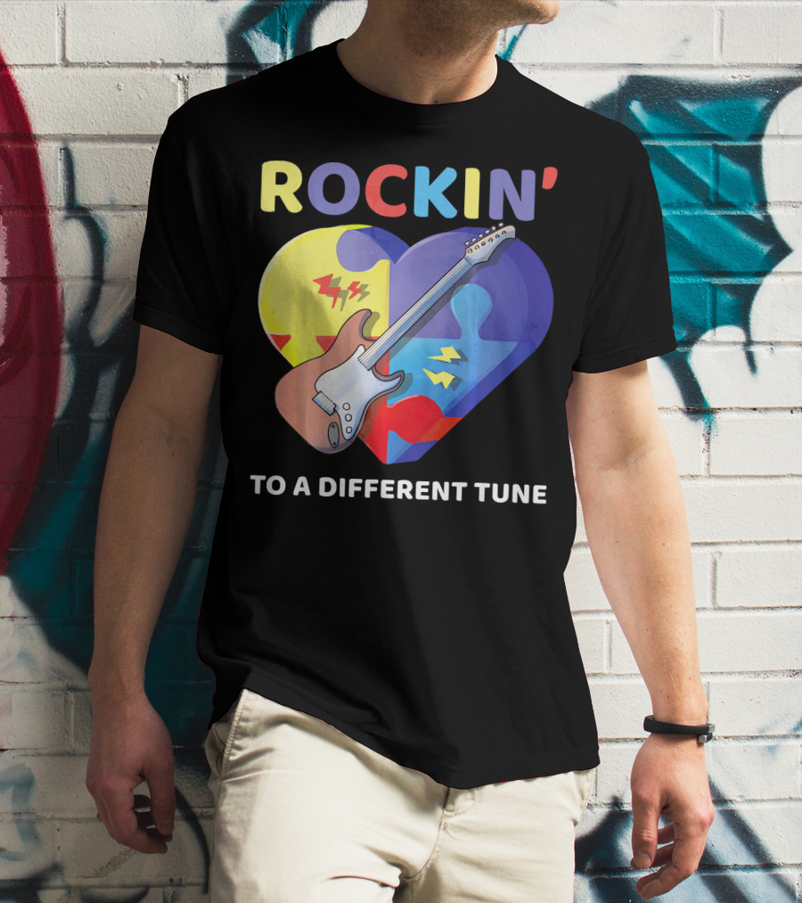 Rockin' To A Different Tune Autism Awareness Guitar Heart Puzzle T-Shirt