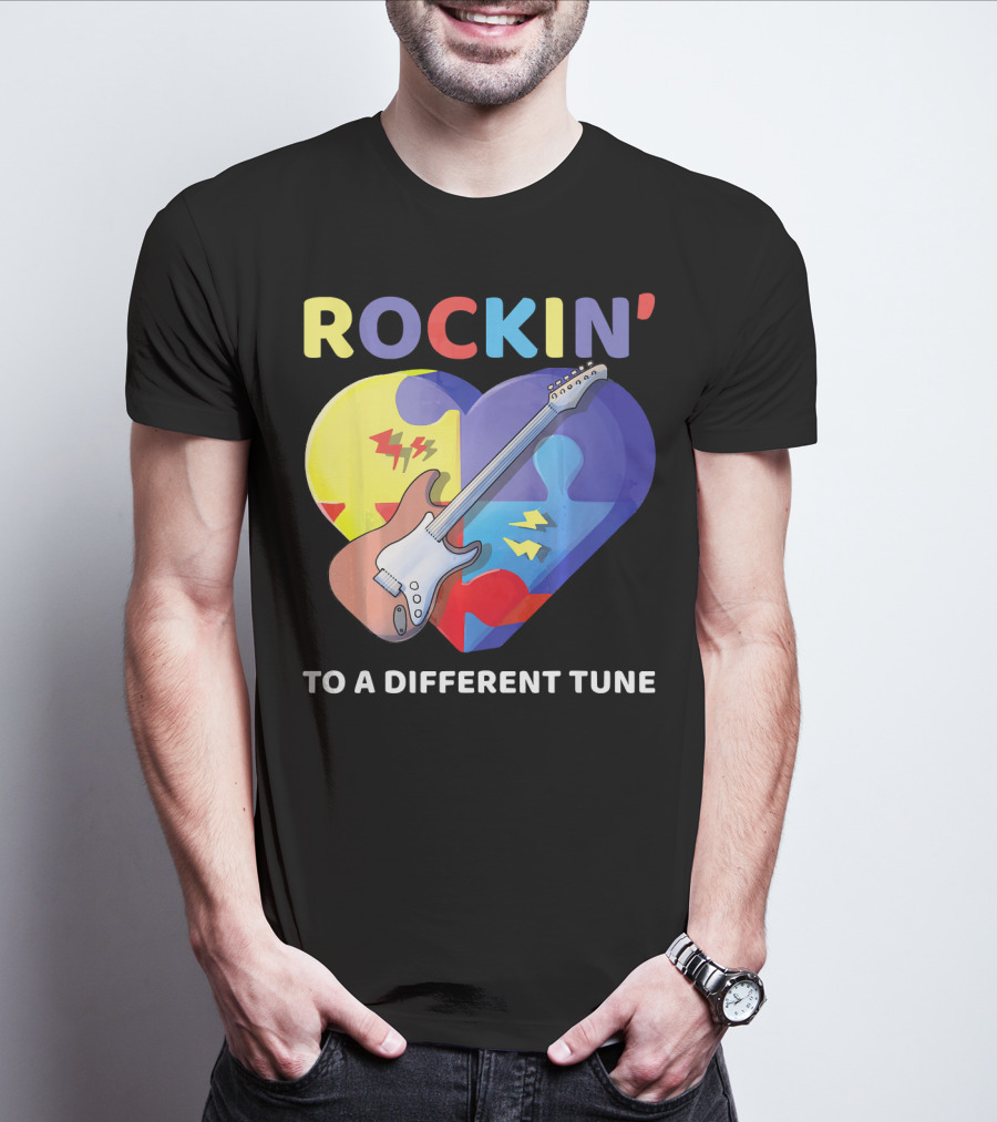 Rockin' To A Different Tune Autism Awareness Guitar Heart Puzzle T-Shirt