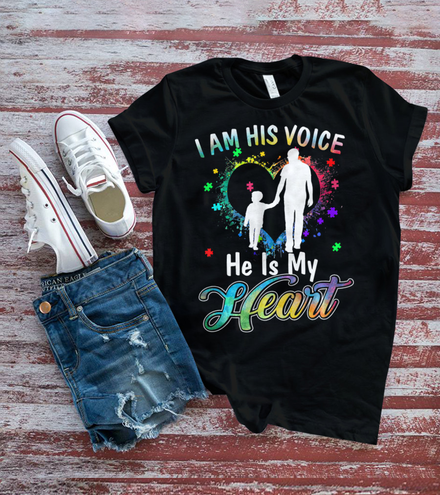 I Am His Voice He Is My Heart Autism Awareness Father And Child Silhouette With Colorful Puzzle T-Shirt