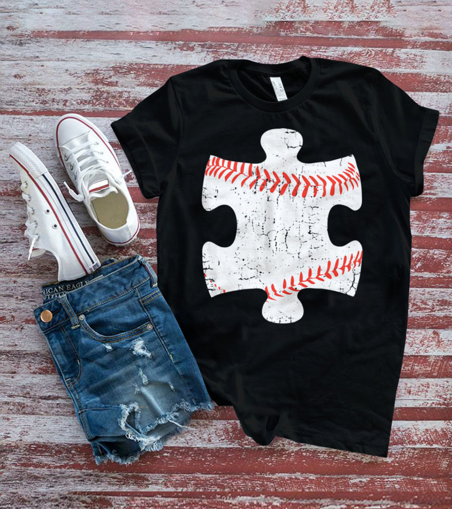 Baseball Stitch Puzzle Piece Autism Awareness T-Shirt