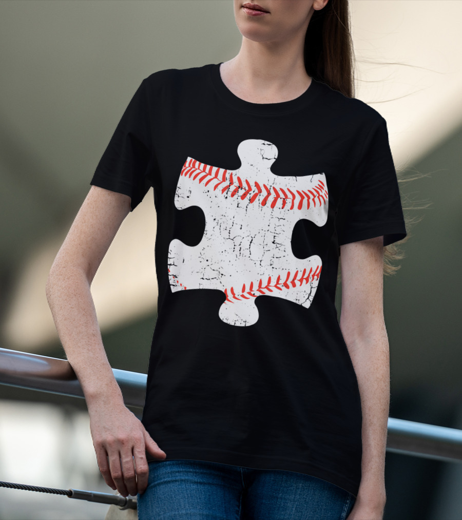 Baseball Stitch Puzzle Piece Autism Awareness T-Shirt