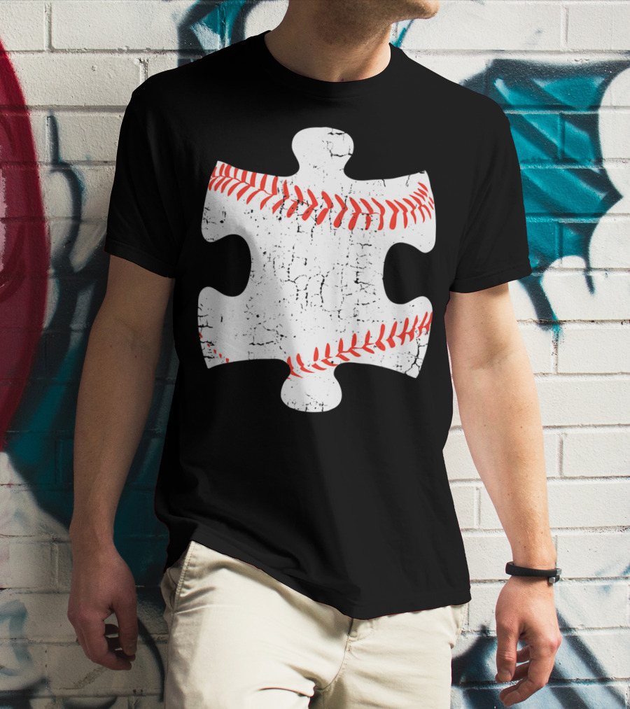 Baseball Stitch Puzzle Piece Autism Awareness T-Shirt