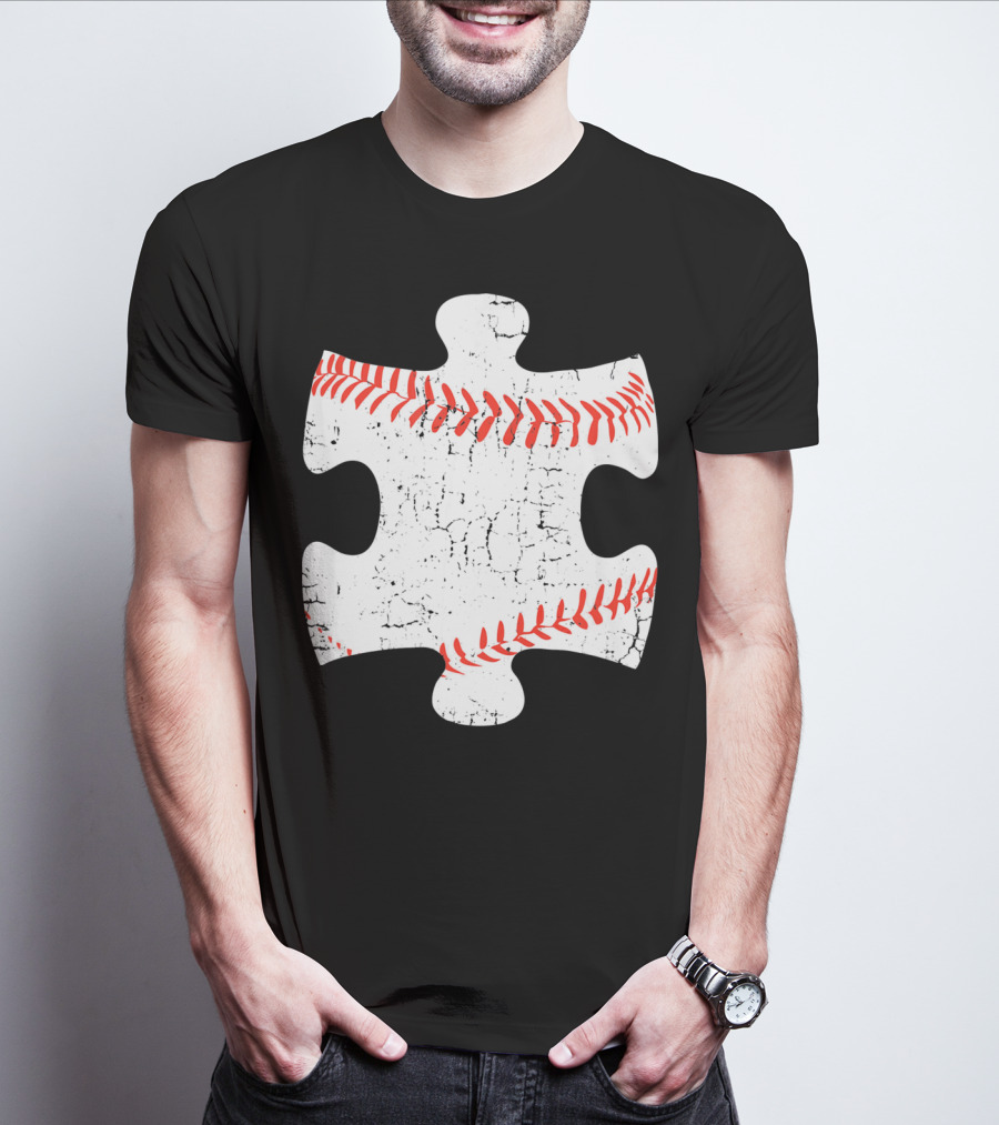 Baseball Stitch Puzzle Piece Autism Awareness T-Shirt