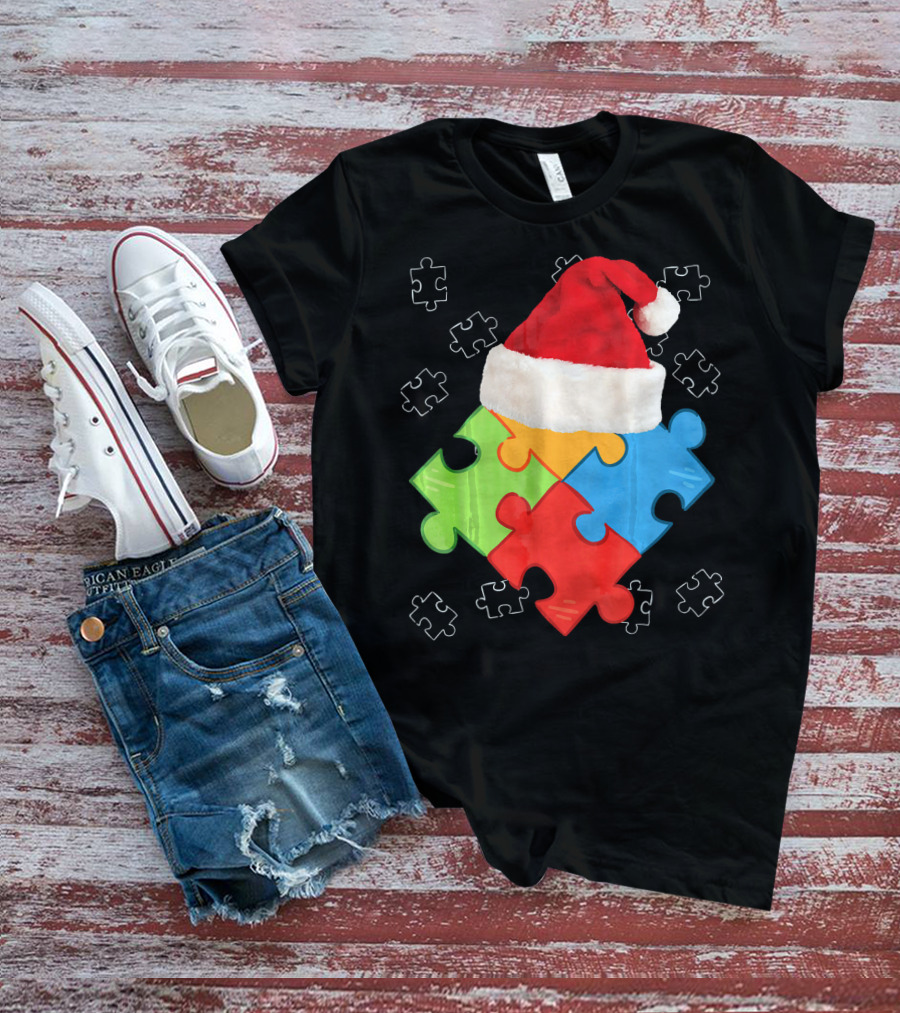Autism Puzzle Pieces With Santa Hat Holiday T-Shirt