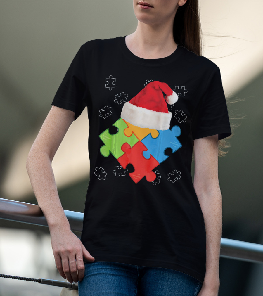Autism Puzzle Pieces With Santa Hat Holiday T-Shirt