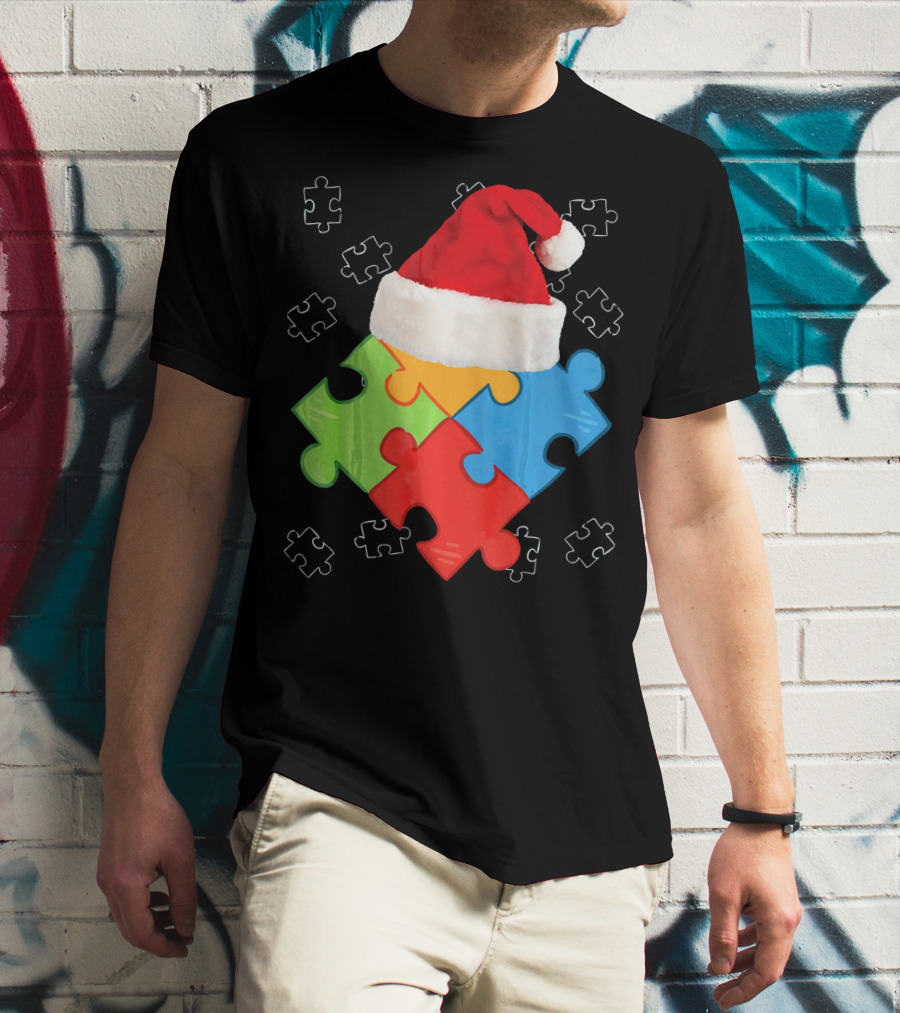 Autism Puzzle Pieces With Santa Hat Holiday T-Shirt