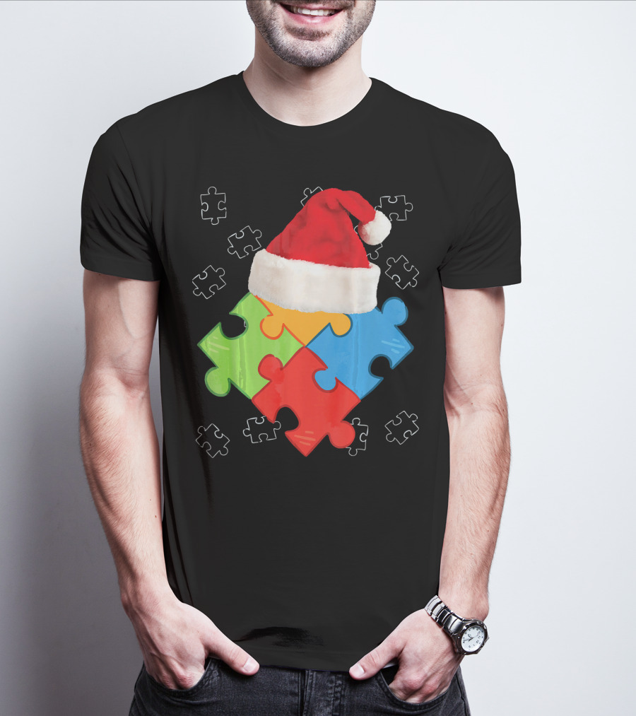 Autism Puzzle Pieces With Santa Hat Holiday T-Shirt
