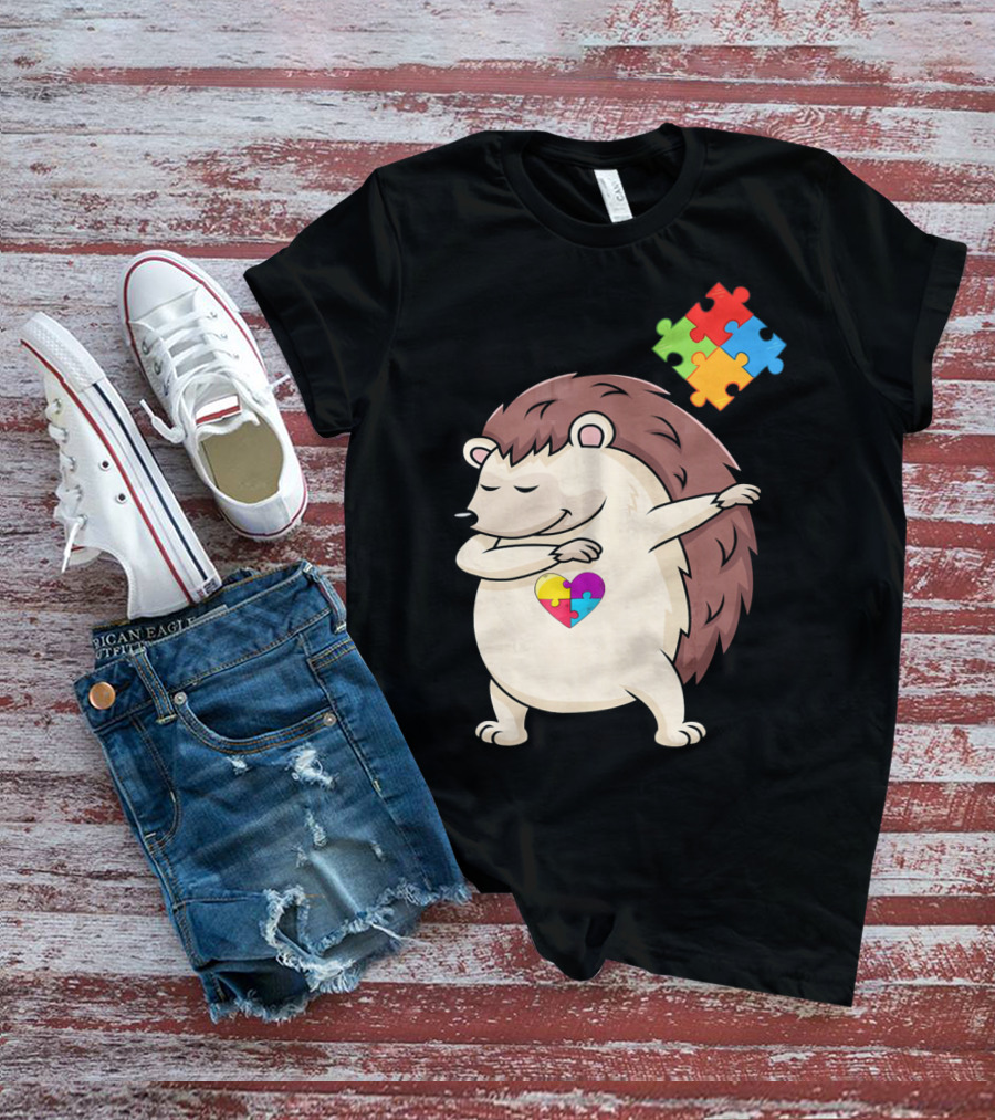 Hedgehog Dabbing With Puzzle Pieces Heart Autism Awareness T-Shirt