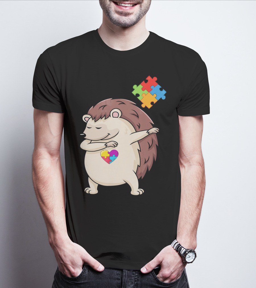 Hedgehog Dabbing With Puzzle Pieces Heart Autism Awareness T-Shirt