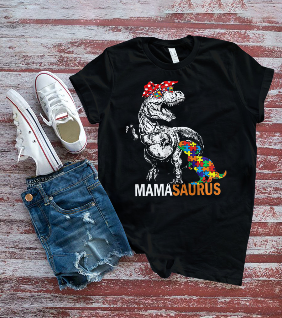 Mamasaurus Dinosaur Puzzle Piece Autism Awareness T-Shirt
