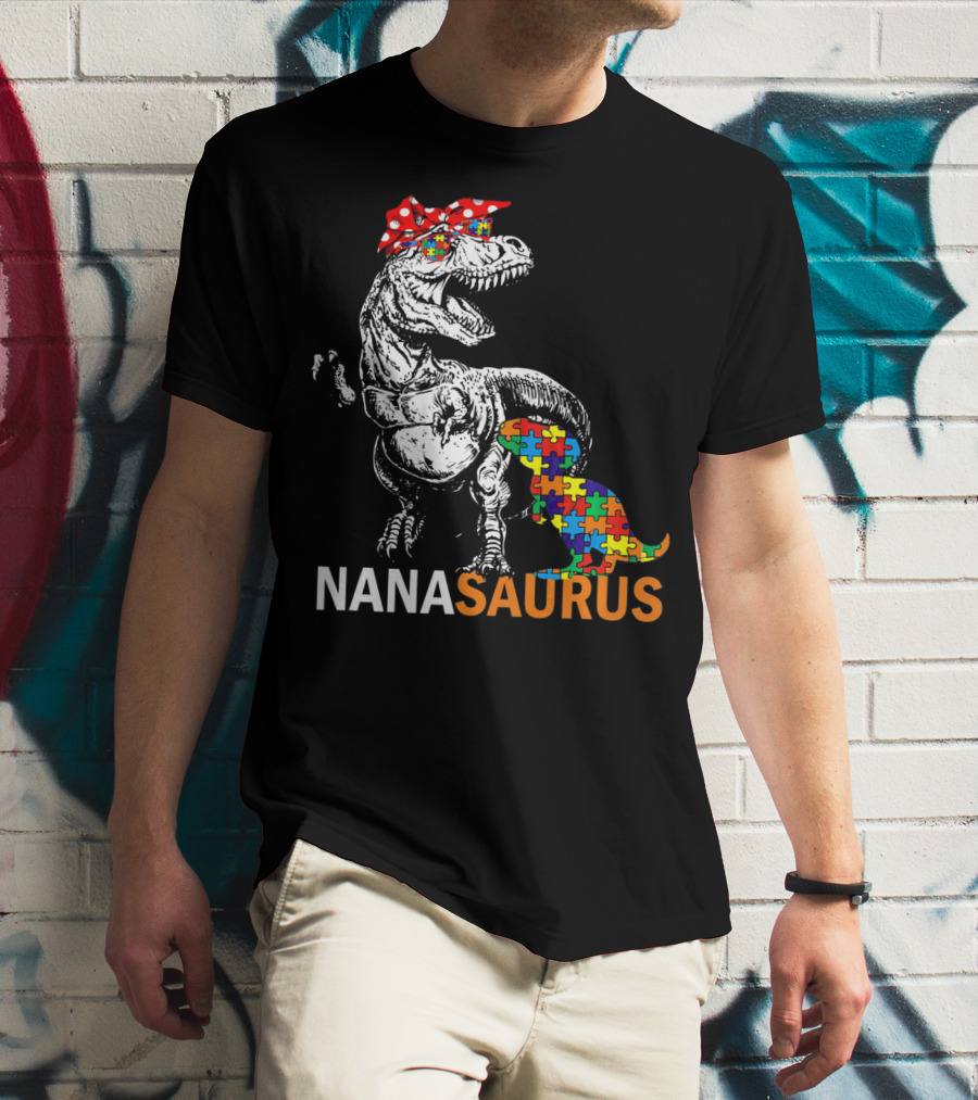Nana Saurus Auntsaurus Autism Dinosaur Puzzle Piece Bandana T-Shirt
