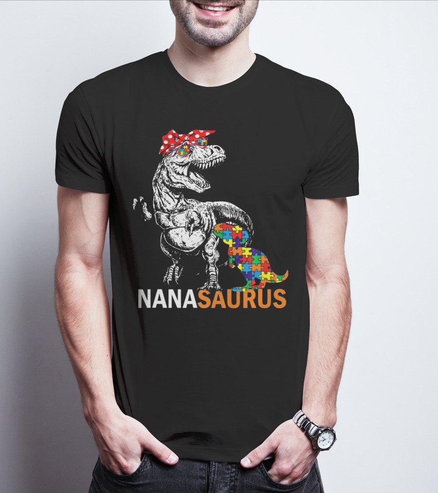 Nana Saurus Auntsaurus Autism Dinosaur Puzzle Piece Bandana T-Shirt