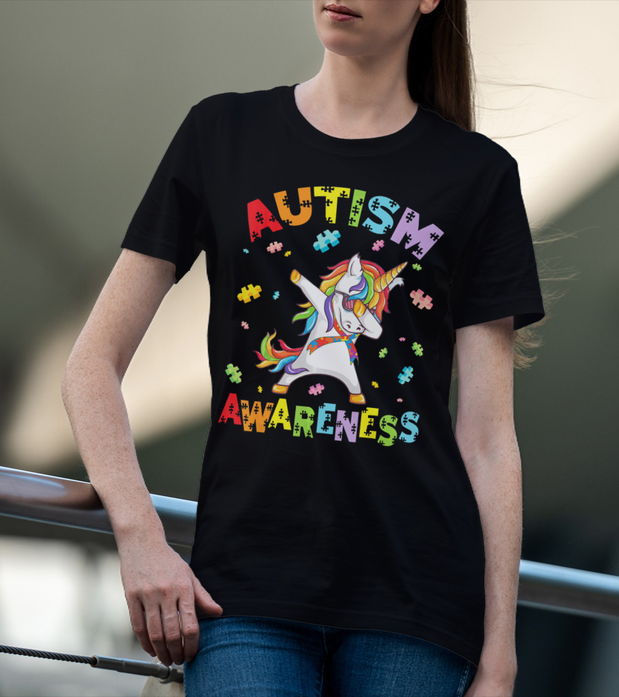 Autism Awareness Cute Unicorn Dabbing With Puzzle Pieces T-Shirt