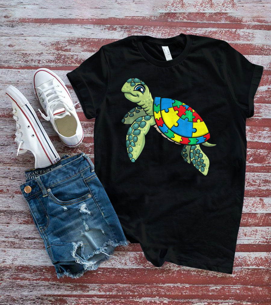 Turtle With Colorful Puzzle Pieces For Autism Awareness T-Shirt