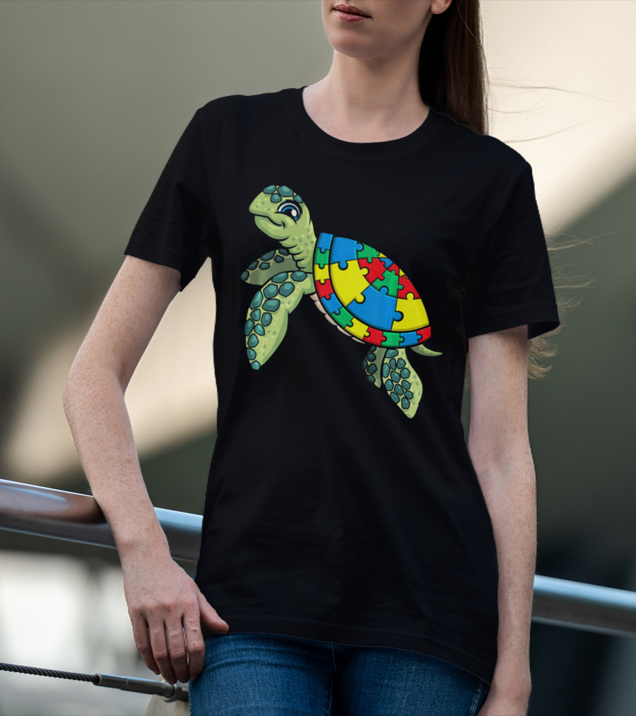 Turtle With Colorful Puzzle Pieces For Autism Awareness T-Shirt