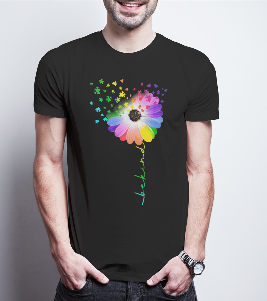Flower Daisy Dandelion Be Kind Rainbow Puzzle Autism Awareness T-Shirt