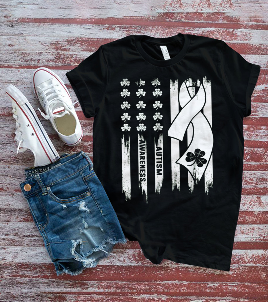 Autism Awareness Ribbon Patrick's Day American Flag Clover T-Shirt