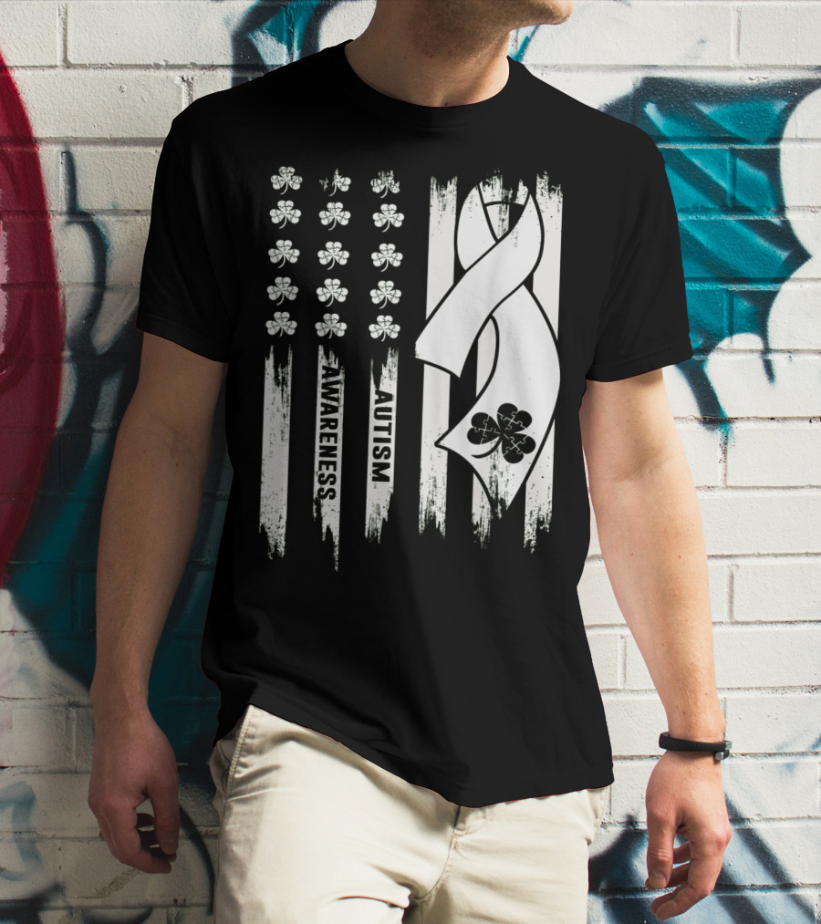 Autism Awareness Ribbon Patrick's Day American Flag Clover T-Shirt