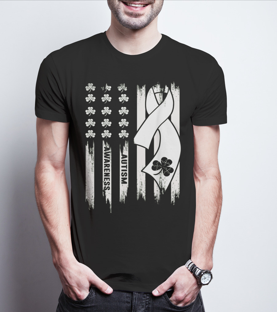 Autism Awareness Ribbon Patrick's Day American Flag Clover T-Shirt
