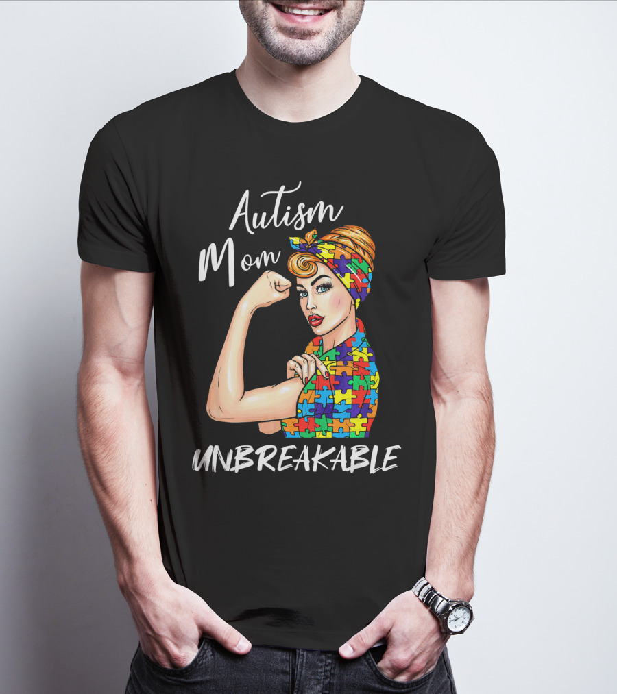 Autism Mom Unbreakable Autistic Puzzle Pattern Rosie The Riveter T-Shirt