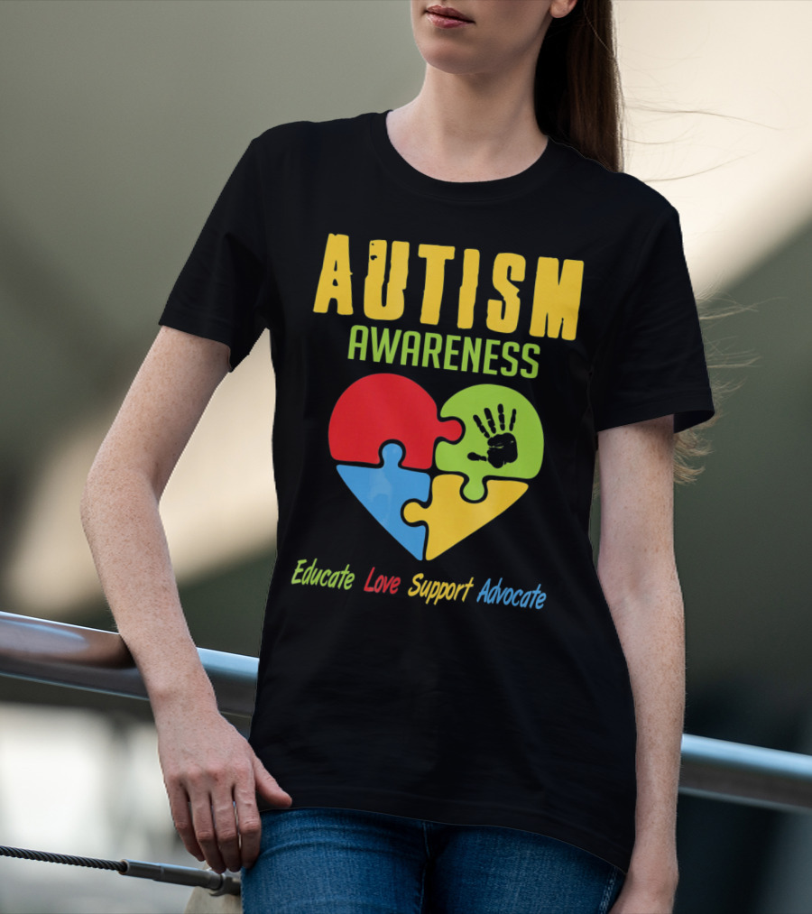 Autism Awareness Advocate Educate Love Support Puzzle Heart Handprint T-Shirt