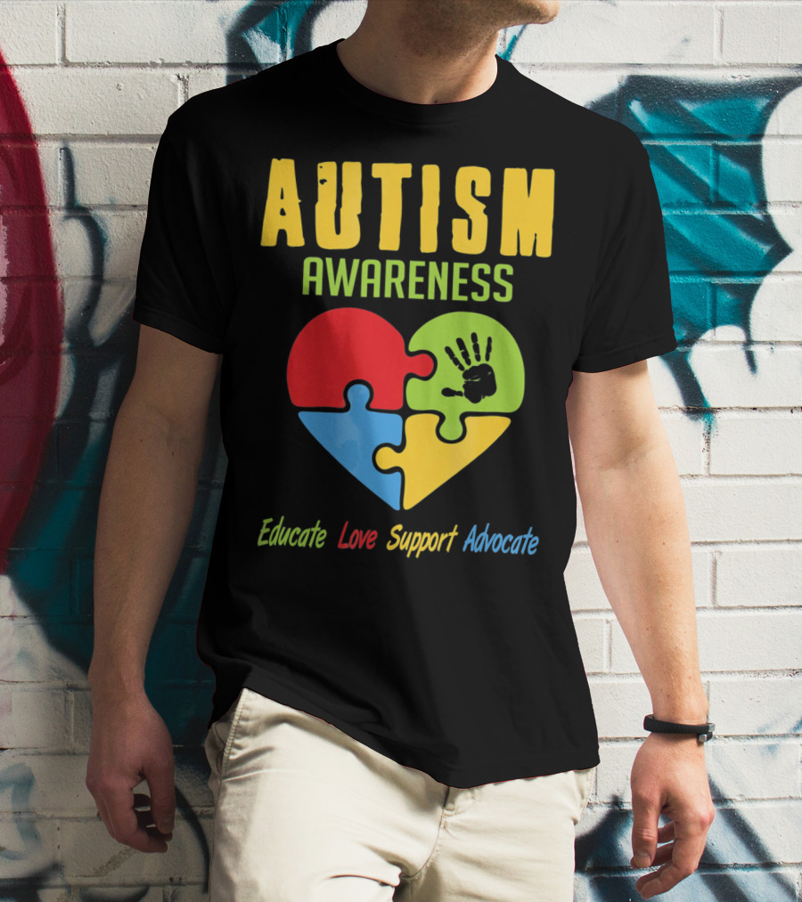 Autism Awareness Advocate Educate Love Support Puzzle Heart Handprint T-Shirt