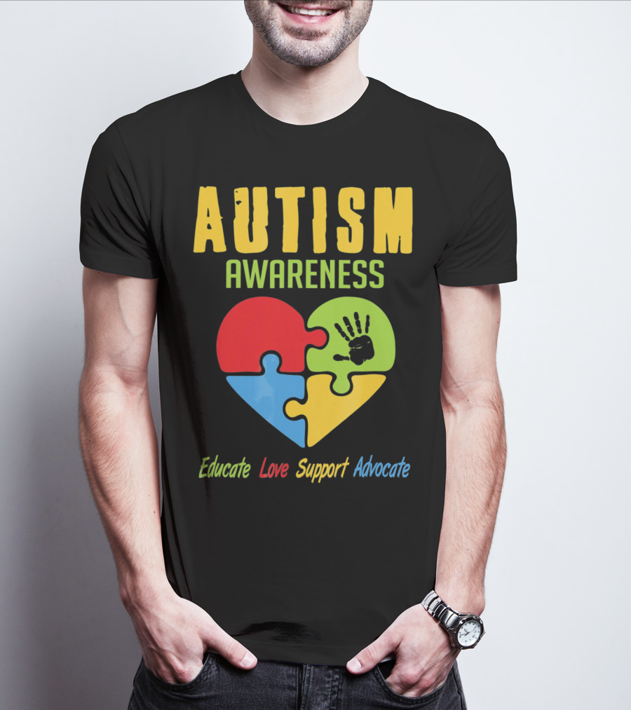 Autism Awareness Advocate Educate Love Support Puzzle Heart Handprint T-Shirt