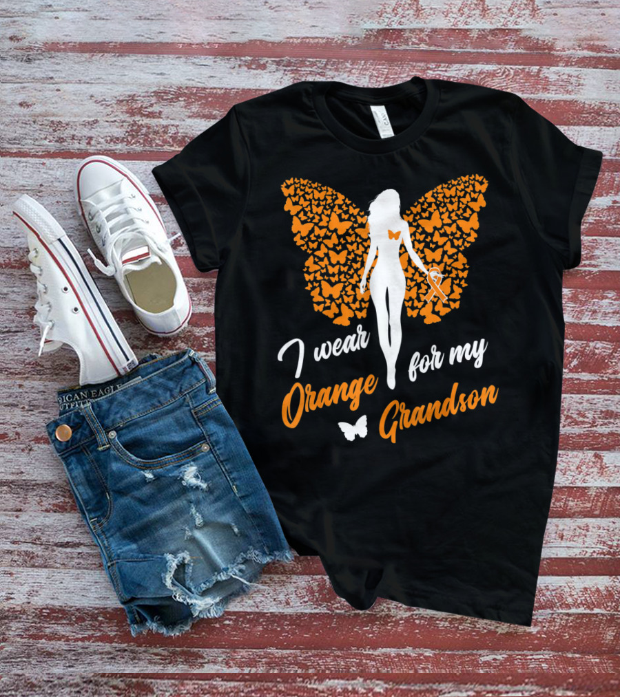 I Wear Orange For My Grandson Leukemia Butterfly Ribbon Awareness T-Shirt