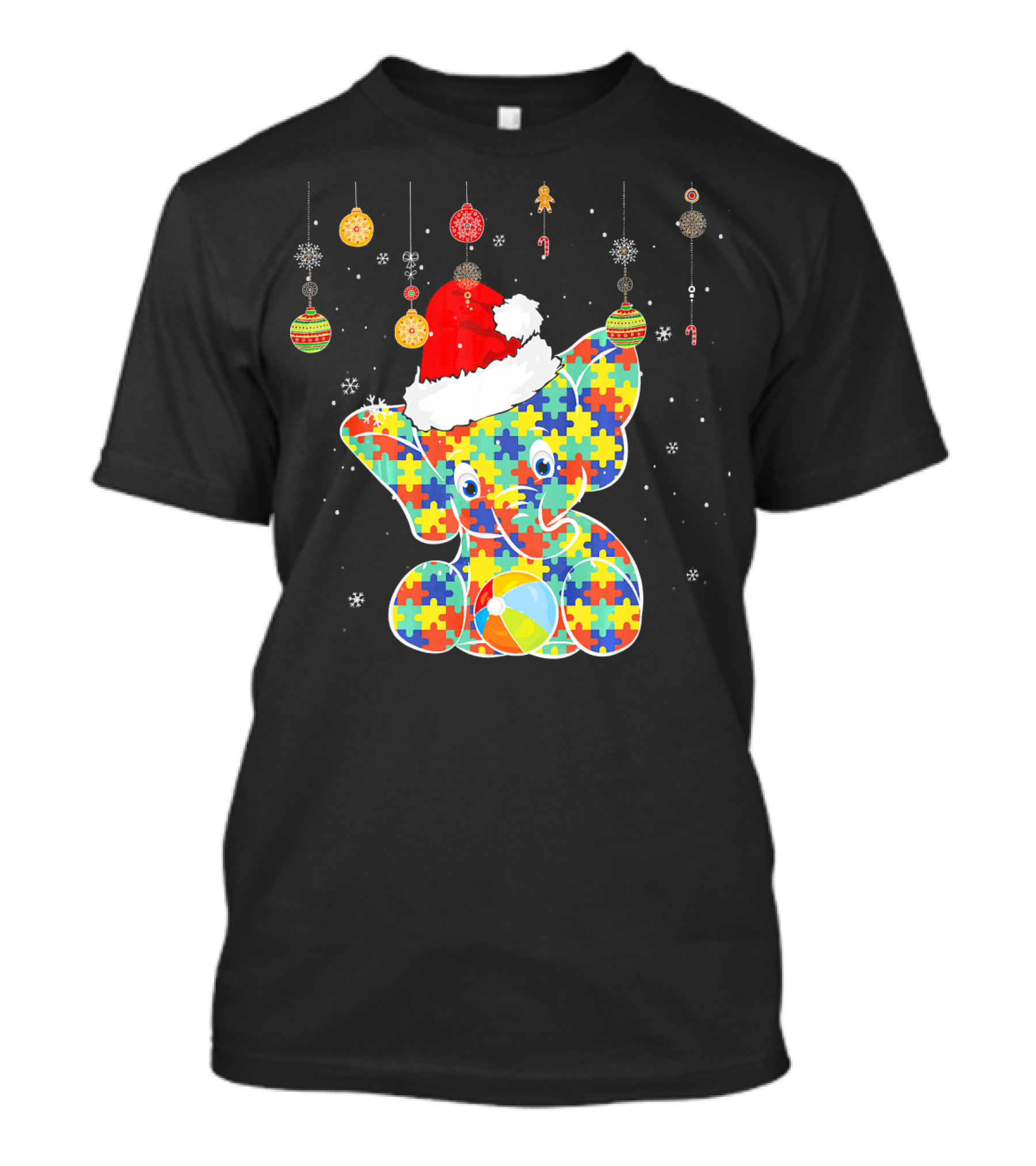 Festive Christmas Elephant In Santa Hat With Autism Puzzle T-Shirt