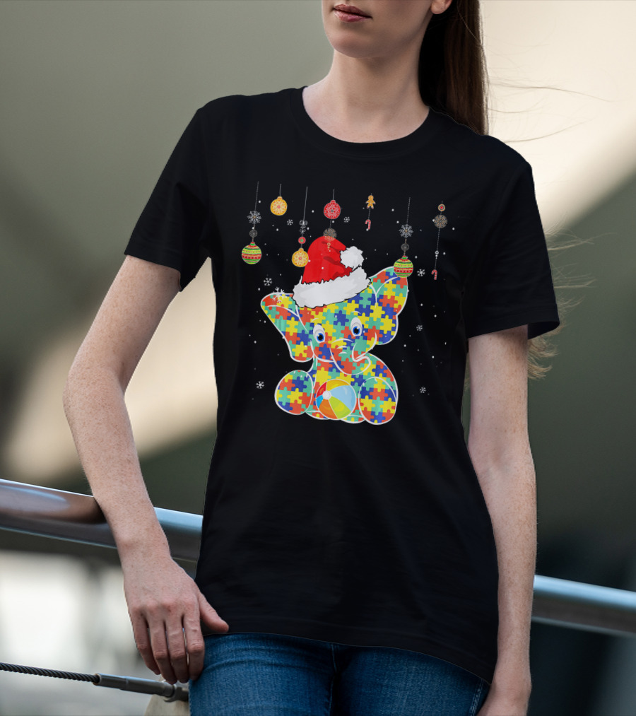 Festive Christmas Elephant In Santa Hat With Autism Puzzle T-Shirt