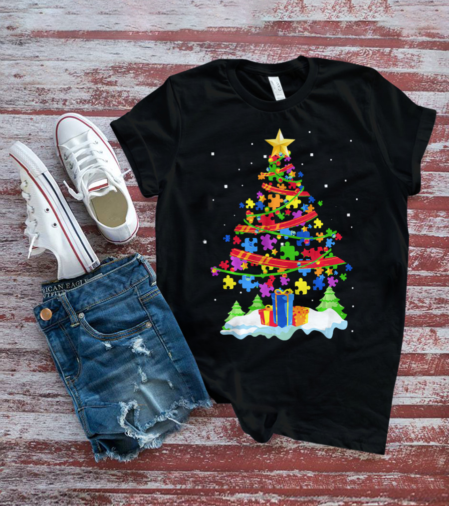 Autism Awareness Christmas Tree Puzzle Pieces Holiday Celebrations T-Shirt