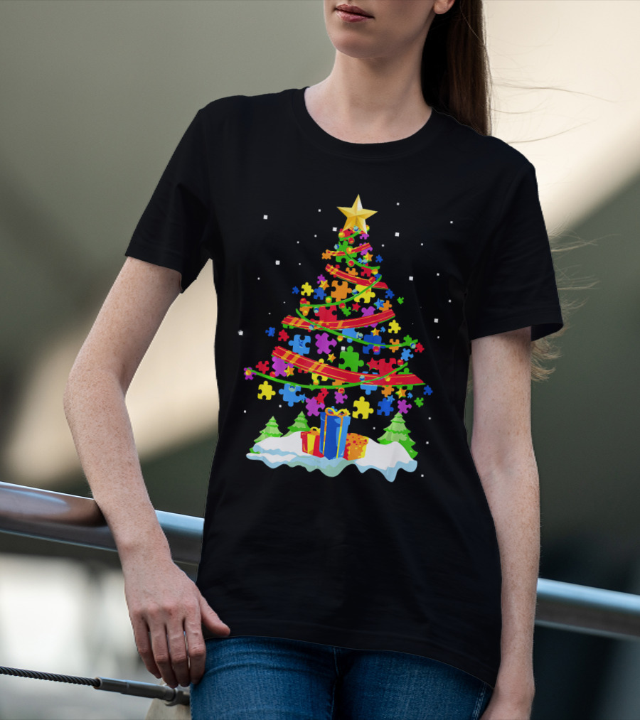 Autism Awareness Christmas Tree Puzzle Pieces Holiday Celebrations T-Shirt
