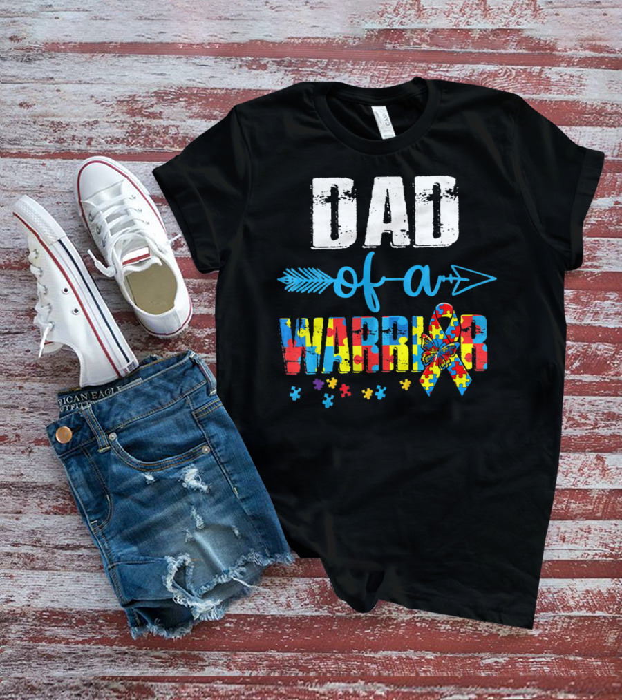 Dad Of A Warrior Autism Awareness Ribbon Arrow Puzzle T-Shirt