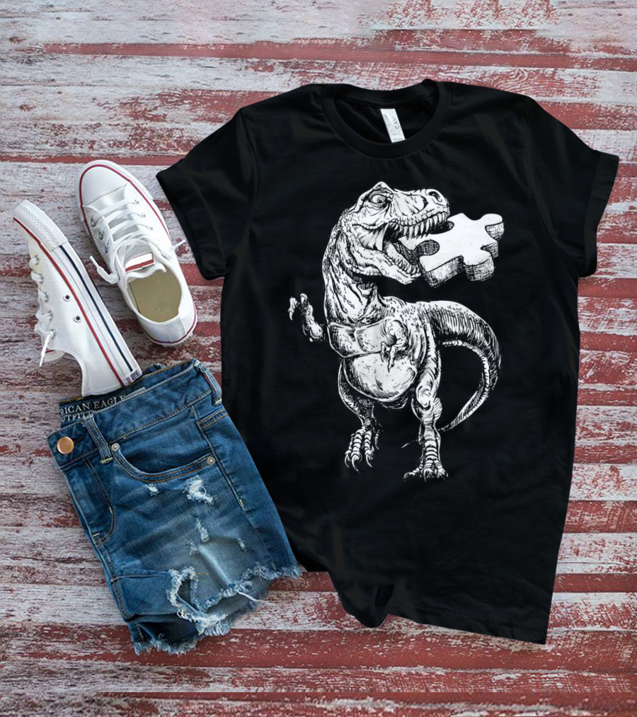 Cool Dinosaur Puzzle Piece Autism Awareness T-Shirt