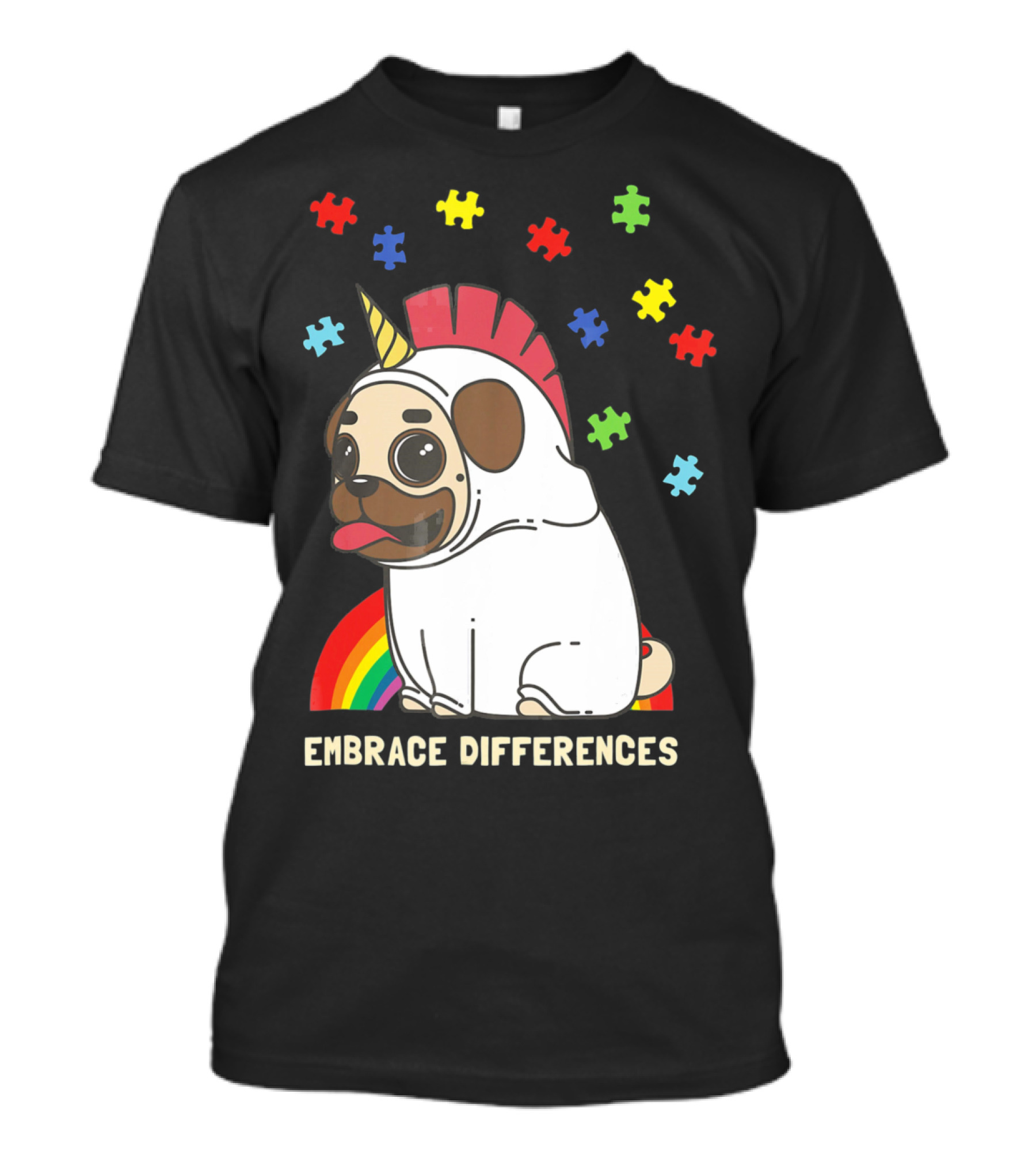 Embrace Differences Autism Awareness Unicorn Pug T-Shirt