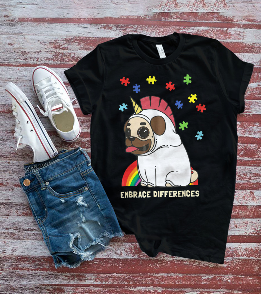 Embrace Differences Autism Awareness Unicorn Pug T-Shirt