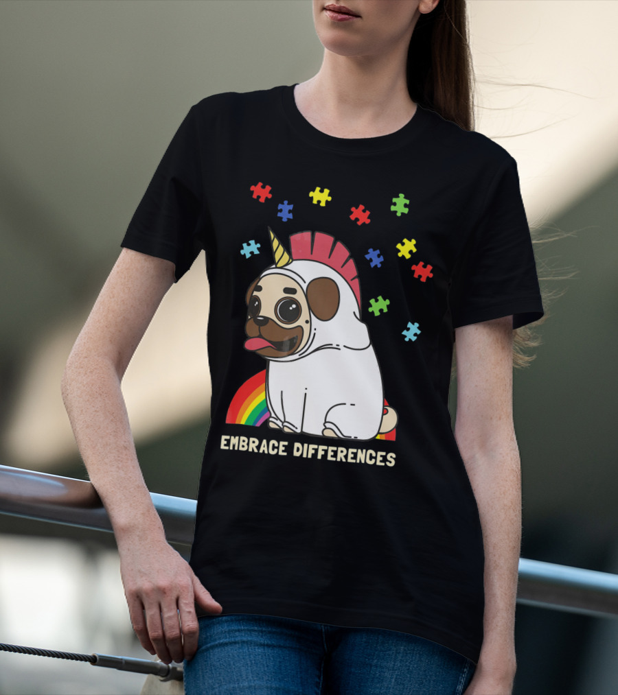 Embrace Differences Autism Awareness Unicorn Pug T-Shirt