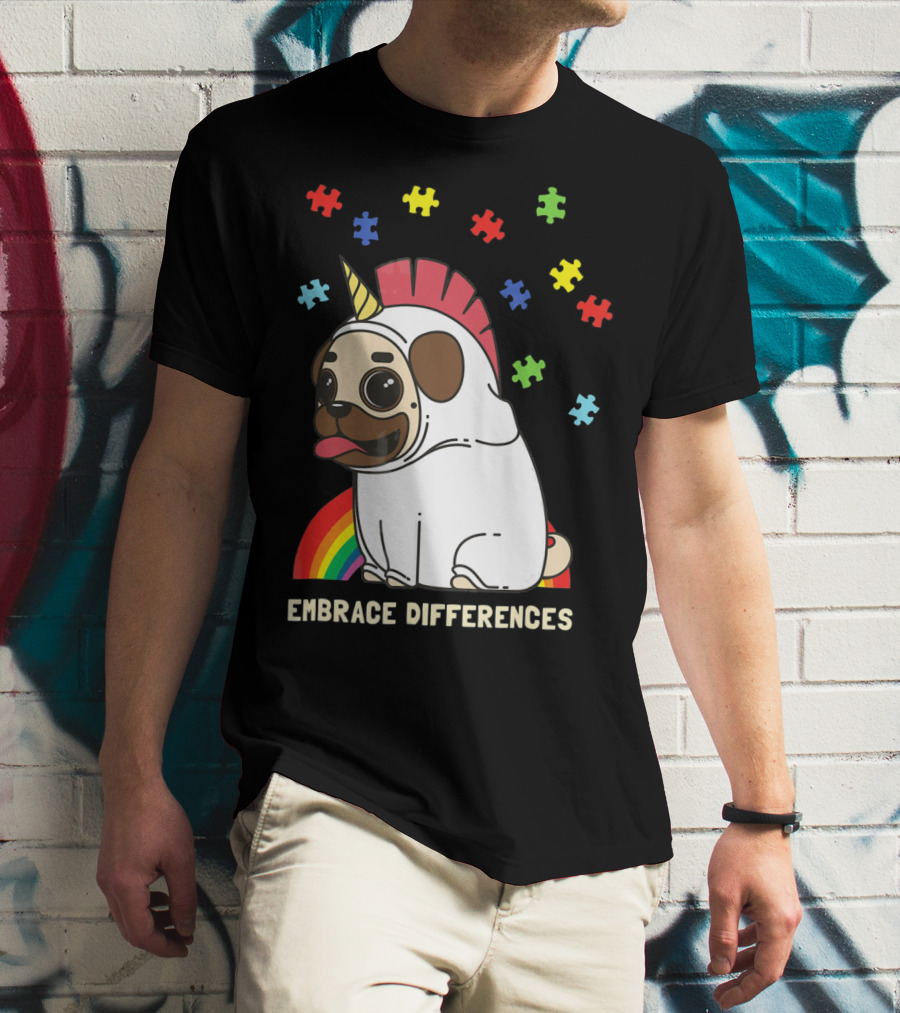 Embrace Differences Autism Awareness Unicorn Pug T-Shirt